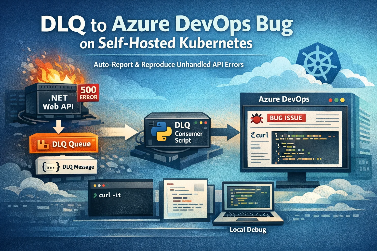 Self-Hosted Kubernetes'te DLQ -> Azure DevOps Bug: Unhandled API hatasını otomatik raporla, aynı mesajla lokalde birebir simüle et